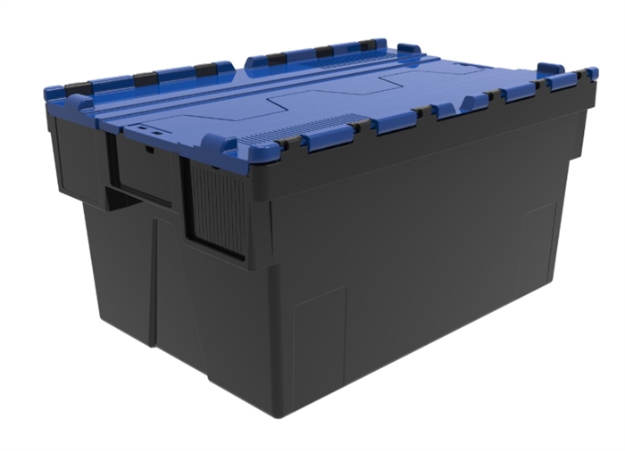 Transportkasse, plast, 600x400x400 mm, m foldelåg, Sort, blåt låg