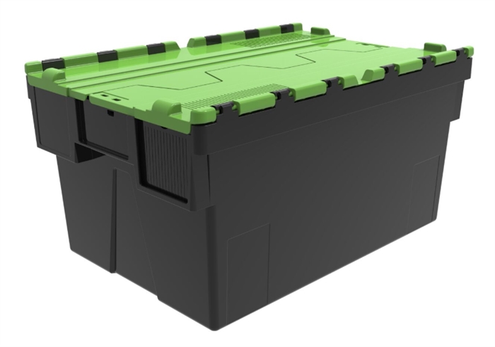 Transportkasse, plast, 600x400x400 mm, m foldelåg, Sort, grønt låg