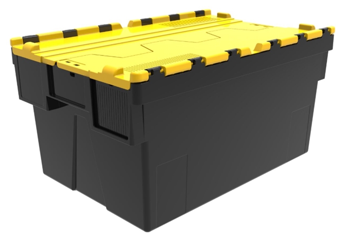 Transportkasse, plast, 600x400x400 mm, m foldelåg, Sort, gult låg