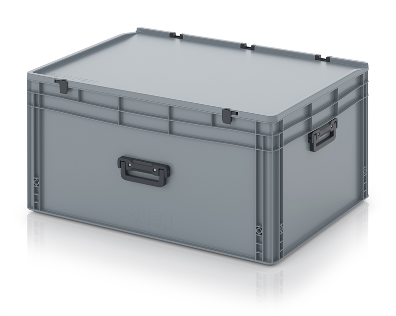 Kuffertkasse, robust, hængslet låg, 3 håndtag - 2 på kort, 1 på lang - 800x600x435 mm